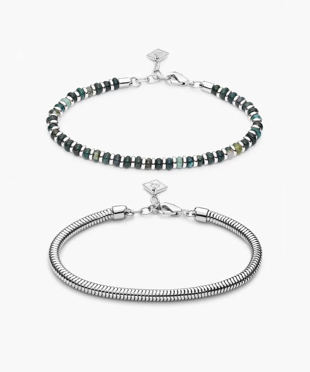925 Sterling Silver Brontide Moss Agate & Snake Chain Set